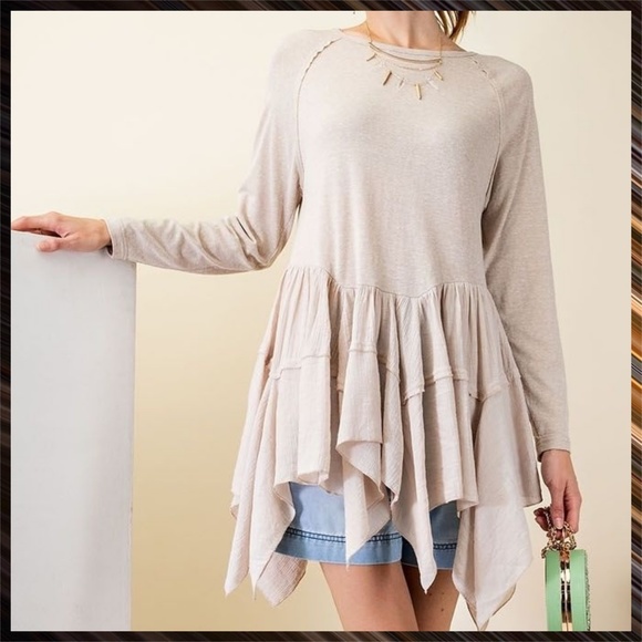 EASEL Long Sleeved Asymmetrical Ruffled Hem Lightweight Tunic Top - Picture 7 of 14